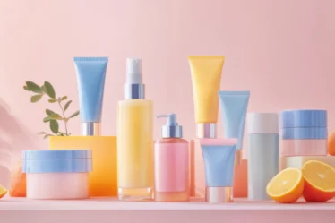 Diversos produtos de skincare coreano e embalagens de cores variadas em tons pastéis em um fundo rosa.