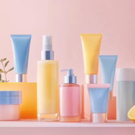 Diversos produtos de skincare coreano e embalagens de cores variadas em tons pastéis em um fundo rosa.