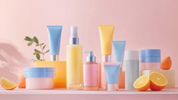 Diversos produtos de skincare coreano e embalagens de cores variadas em tons pastéis em um fundo rosa.